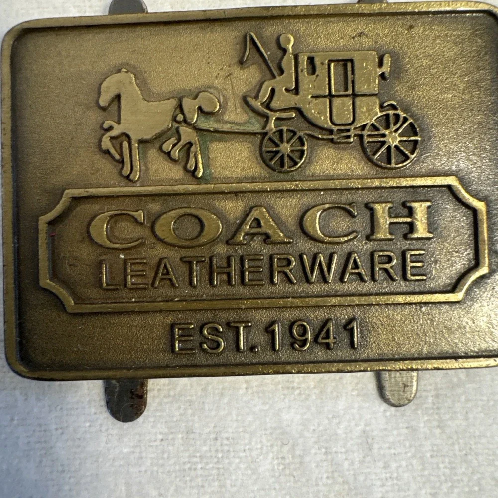 Engraved COACH LEATHERWARE Raised Horses Carriage Brass Charm Tag Belt Logo